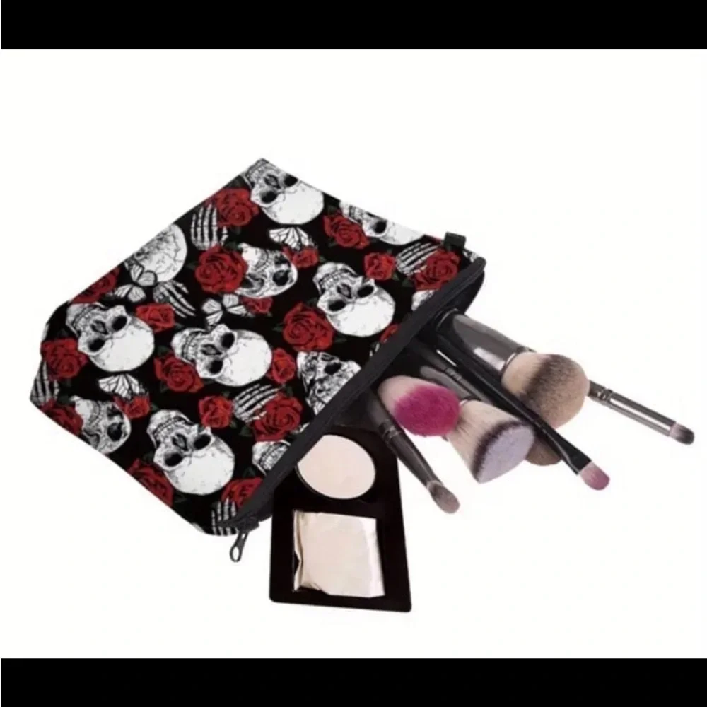 New! 3D Printed Skull And Rose Pattern Cosmetic Bag, Waterproof Makeup Pouch